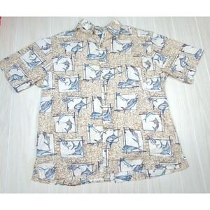 West Marine XL men's button front shirt cotton tan beige blue fish print marlins